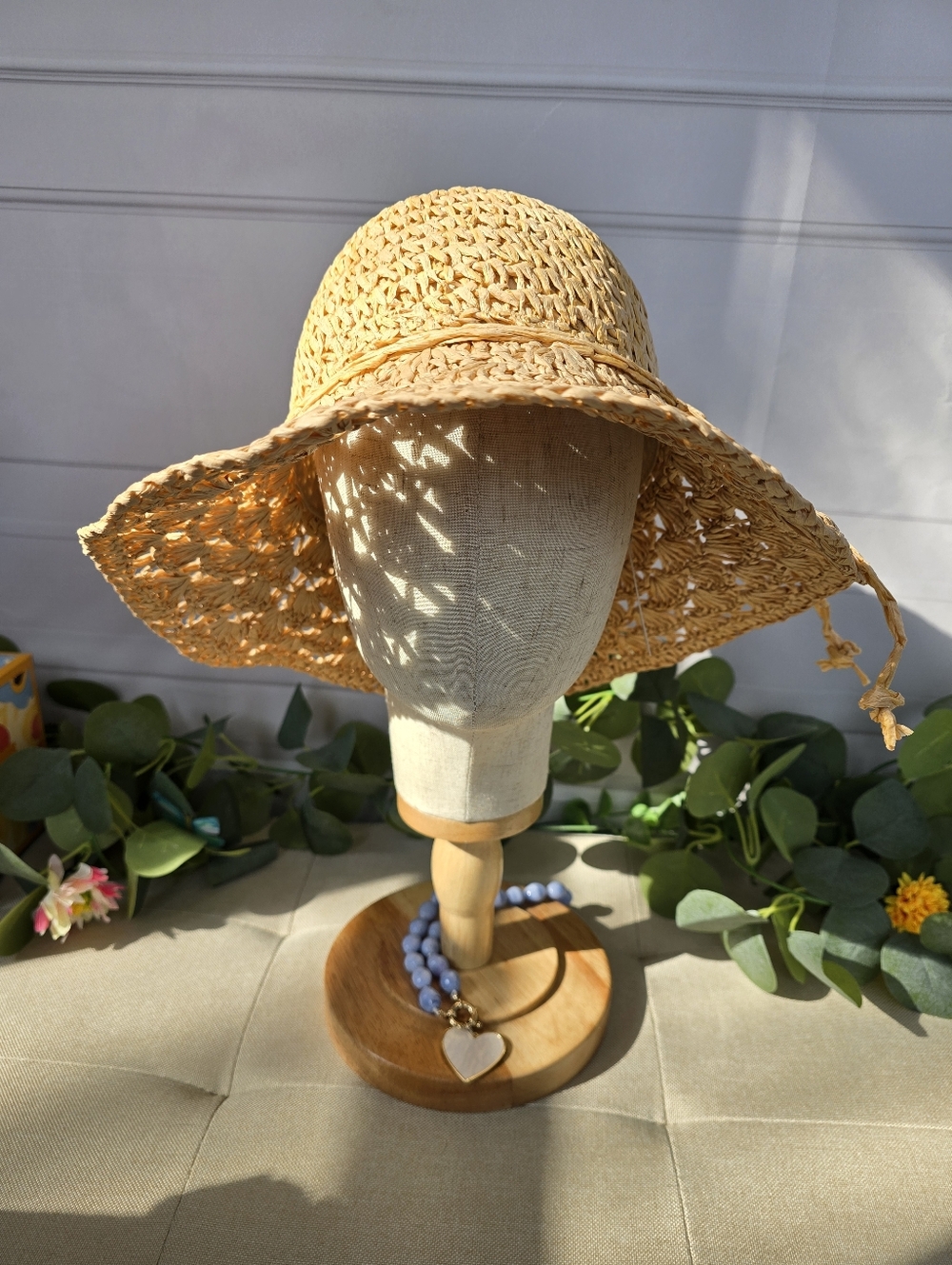 Pretty Persuasions Handmade Crochet Raffia Bow Tie Wide Brim Summer Sun Hat
